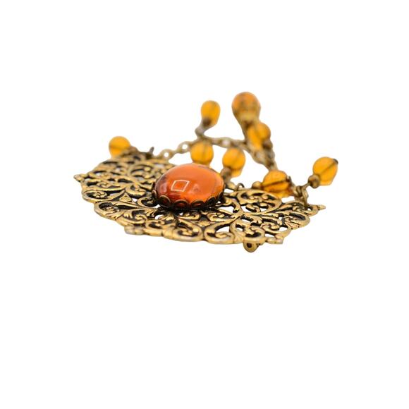 Cabochon Amber Brooch Pin Antiqued Gold Jelly Beaded Chain Dangle Vintage Bin5A - Picture 9 of 12